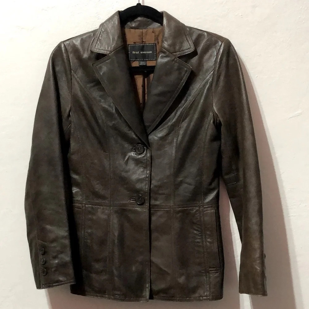 First Avenue Women's Brown Lamb Skin Leather Single Breasted Jacket Size S